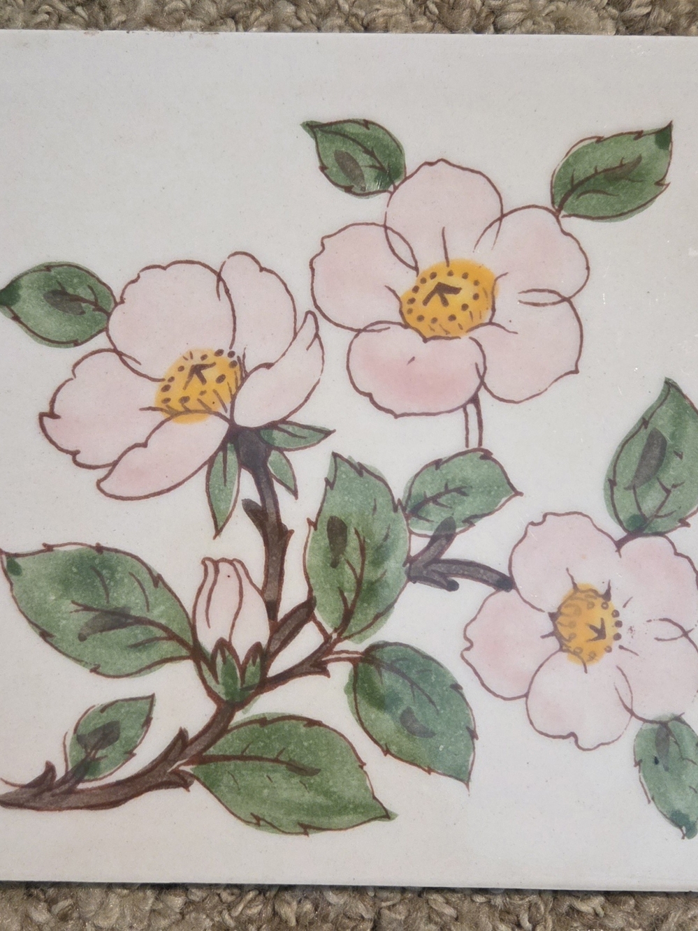 Vintage Franciscan Botanical Pink Green Floral Square Ceramic Tile 6" x 6"